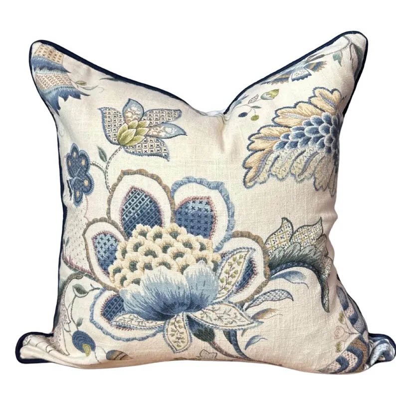 Kravet Maradona Jacobean indigo blue off white chinoiserie Pillow Cover both side throw pillow navy Piping high end decorative 20” x 20