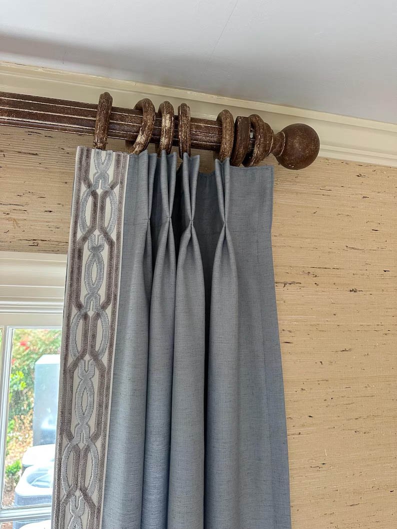 Linen Pinch Pleat drapes Frost blue with trim tape curtains French pleated fretwork blue Aqua trimming lining privacy 25” x 96” in stock