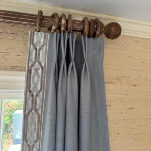 Linen Pinch Pleat drapes Frost blue with trim tape curtains French pleated fretwork blue Aqua trimming lining privacy 25” x 96” in stock