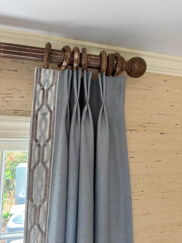 Linen Pinch Pleat drapes Frost blue with trim tape curtains French pleated fretwork blue Aqua trimming lining privacy 25” x 96” in stock