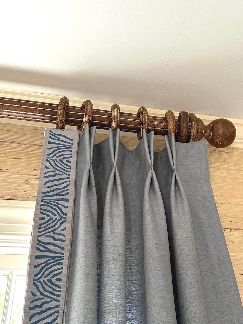 Linen Pinch Pleat drapes with trim tape many fabric colors curtains French pleated Zebra French blue trimming lining blackout privacy avail