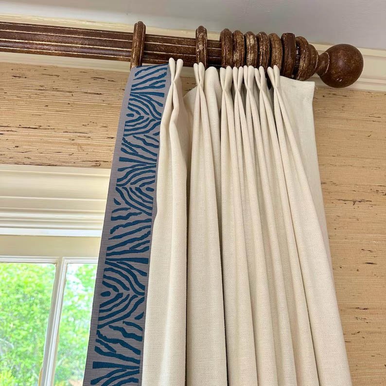 Linen Pinch Pleat drapes with trim tape many fabric colors curtains French pleated Zebra French blue trimming lining blackout privacy avail2