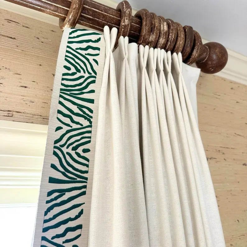 Linen Pinch Pleat drapes with trim tape many fabric colors curtains French pleated Zebra Kelly Green trimming lining blackout privacy avail