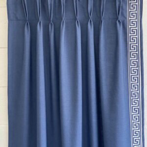 Linen Pinch Pleat drapes with trim tape many fabric colors curtains French pleated fretwork Greek key trimming lining blackout privacy navy