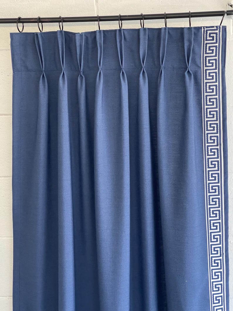 Linen Pinch Pleat drapes with trim tape many fabric colors curtains French pleated fretwork Greek key trimming lining blackout privacy navy