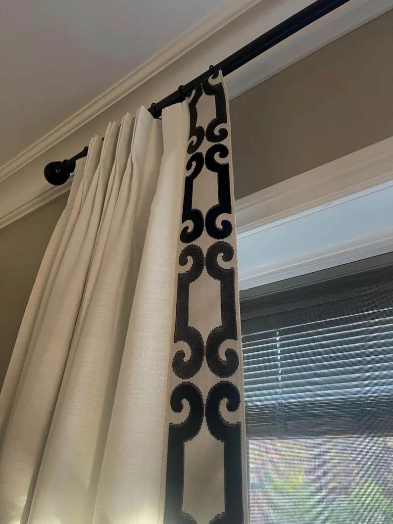 Linen Pinch Pleat drapes with trim tape many fabric colors curtains French pleated fretwork black trimming lining blackout privacy avail1