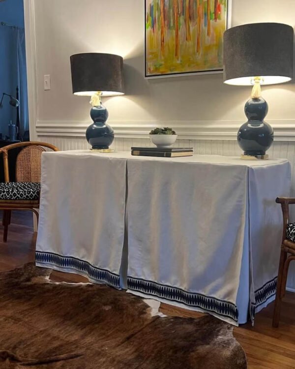 Linen rectangular Tableskirt console trim tape ribbon fabric colors off white flax lining custom sizes tablecloth box pleat navy