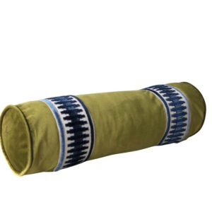 Apple Green Velvet Bolster Pillow – Navy & Cream Designer Tape – Round_Lumbar Pillow Cover – Custom Sizes – Elegant Decorative Cushion - Bed