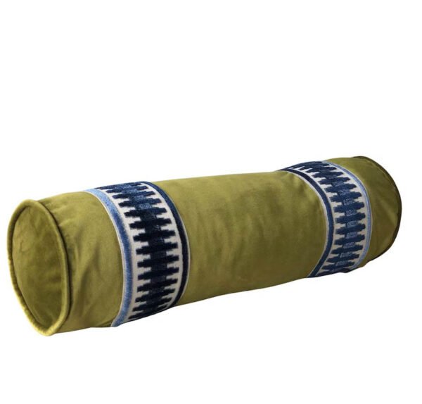 Apple Green Velvet Bolster Pillow – Navy & Cream Designer Tape – Round_Lumbar Pillow Cover – Custom Sizes – Elegant Decorative Cushion - Bed