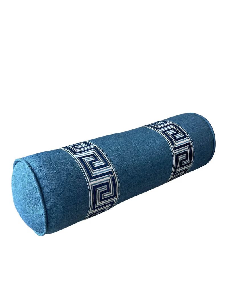 Bolster Pillow Cover Solid Ocean blue piping performance faux Linen Greek Key trim tape round throw Piping high end decorative bed 9” x 26”