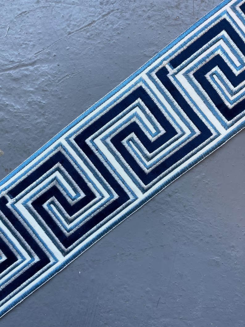 Bolster Pillow Cover Solid Ocean blue piping performance faux Linen Greek Key trim tape round throw Piping high end decorative bed 9” x 26”4