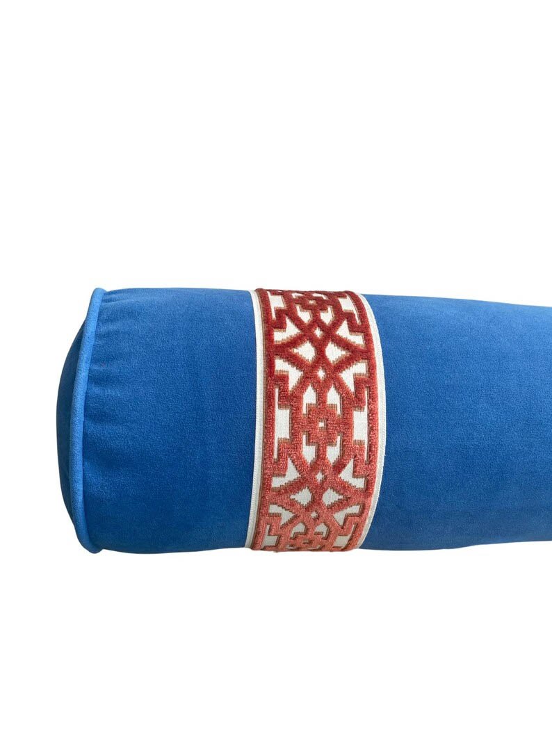 Bolster Pillow Cover Solid cobalt blue piping performance Velvet Rust fretwork trim tape round throw Piping high end decorative bed 9” x 26” 2