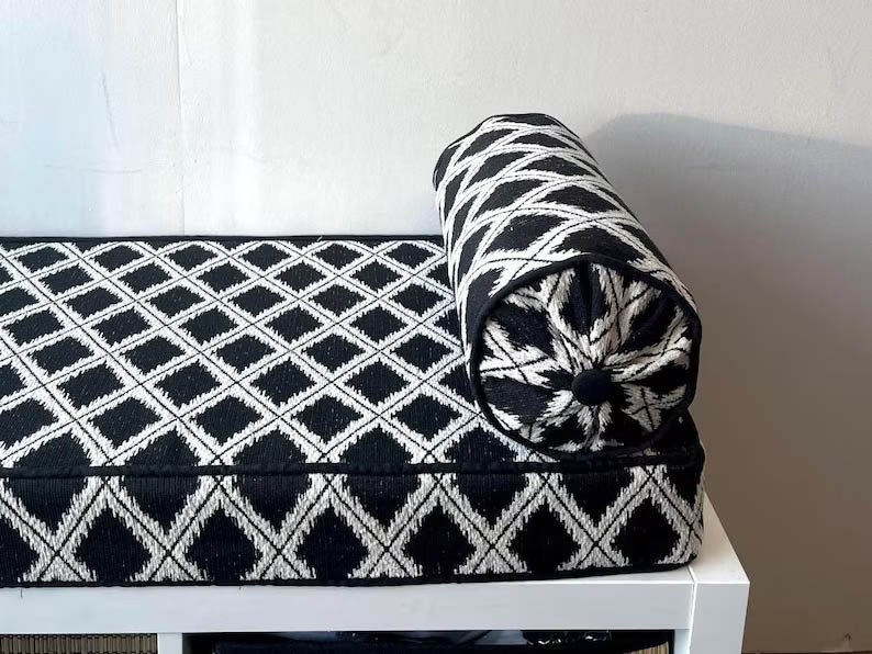 Chenille Bench Seat Bench Cushion Cover • Black & Ivory Geometric Diamond • 52 x 15 x 3 • Ready to Ship