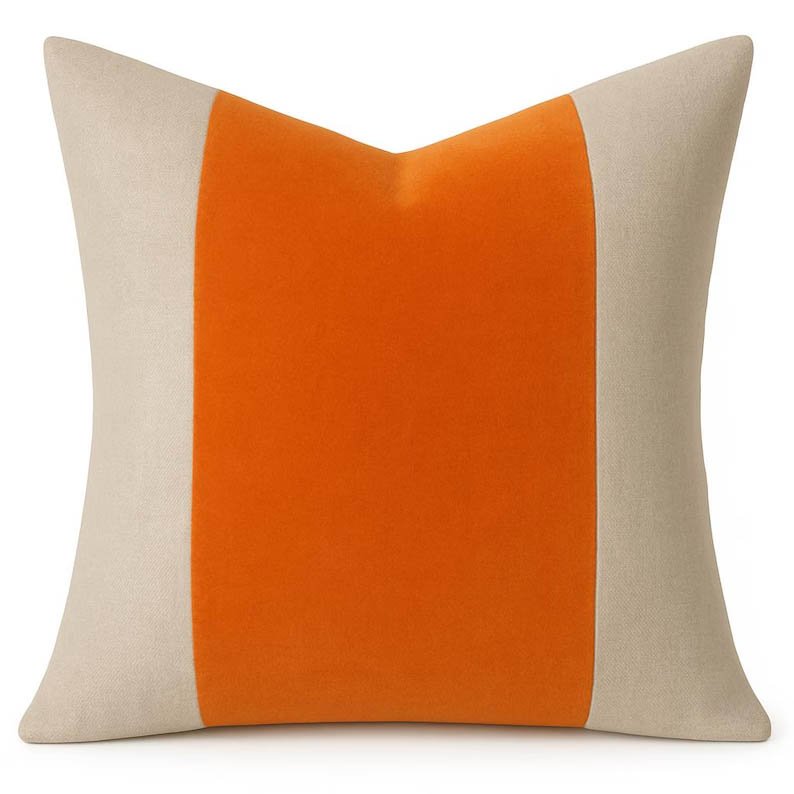 Designer Pillow cover and orange velvet linen flax natural colorblock bolster throw custom Piping high end decorative chinoiserie