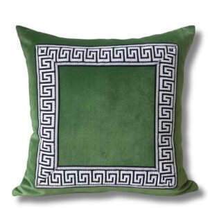 Designer Pillow cover black Greek Key moss green trim tape velvet fretwork lumbar bolster throw custom Piping highend decorative chinoiserie