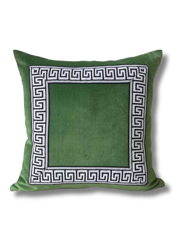 Designer Pillow cover black Greek Key moss green trim tape velvet fretwork lumbar bolster throw custom Piping highend decorative chinoiserie