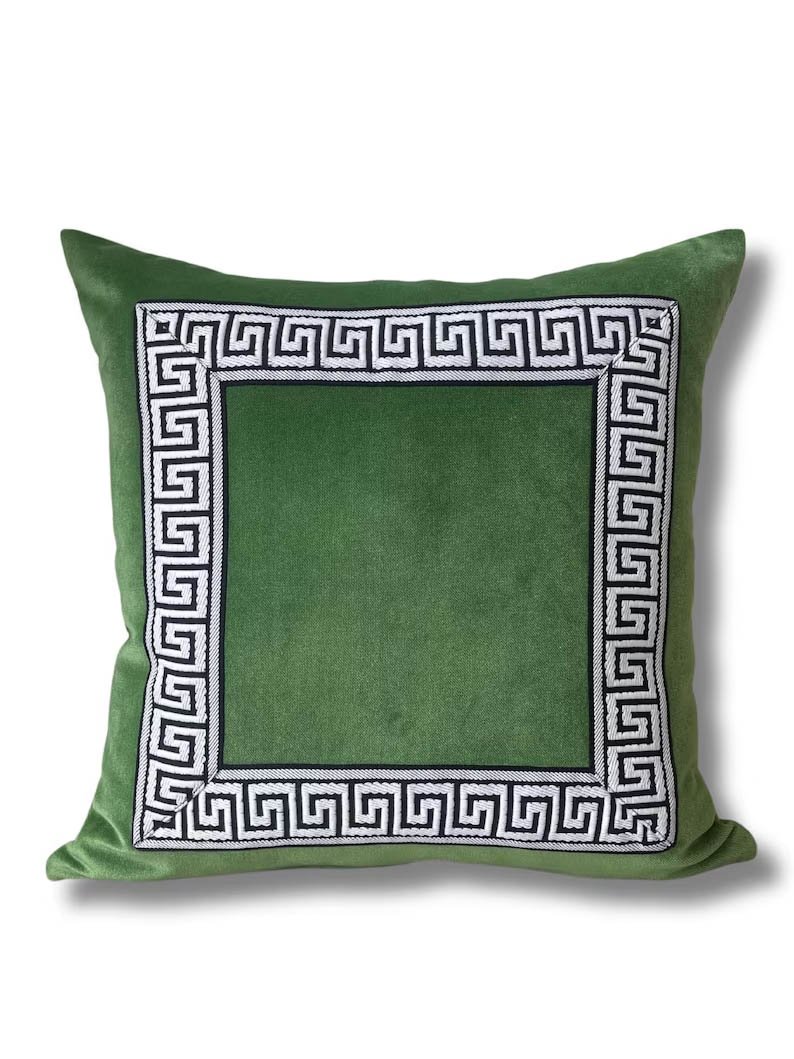 Designer Pillow cover black Greek Key moss green trim tape velvet fretwork lumbar bolster throw custom Piping highend decorative chinoiserie