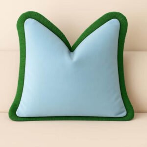 Designer Pillow cover light blue velvet Kelly green fringe trim bolster throw custom Piping high end decorative chinoiserie lumbar
