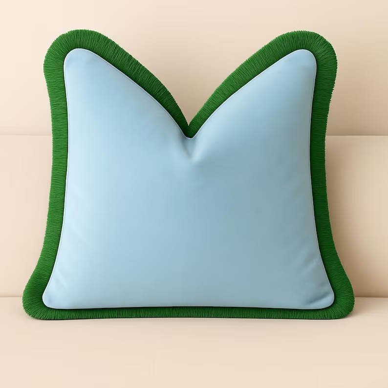 Designer Pillow cover light blue velvet Kelly green fringe trim bolster throw custom Piping high end decorative chinoiserie lumbar