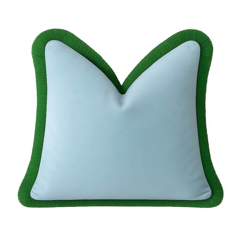 Designer Pillow cover light blue velvet Kelly green fringe trim bolster throw custom Piping high end decorative chinoiserie lumbar1