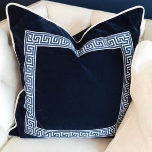 Designer Pillow cover navy Greek Key midnight blue trim tape velvet fretwork lumbar bolster throw Piping decorative chinoiserie USA Made