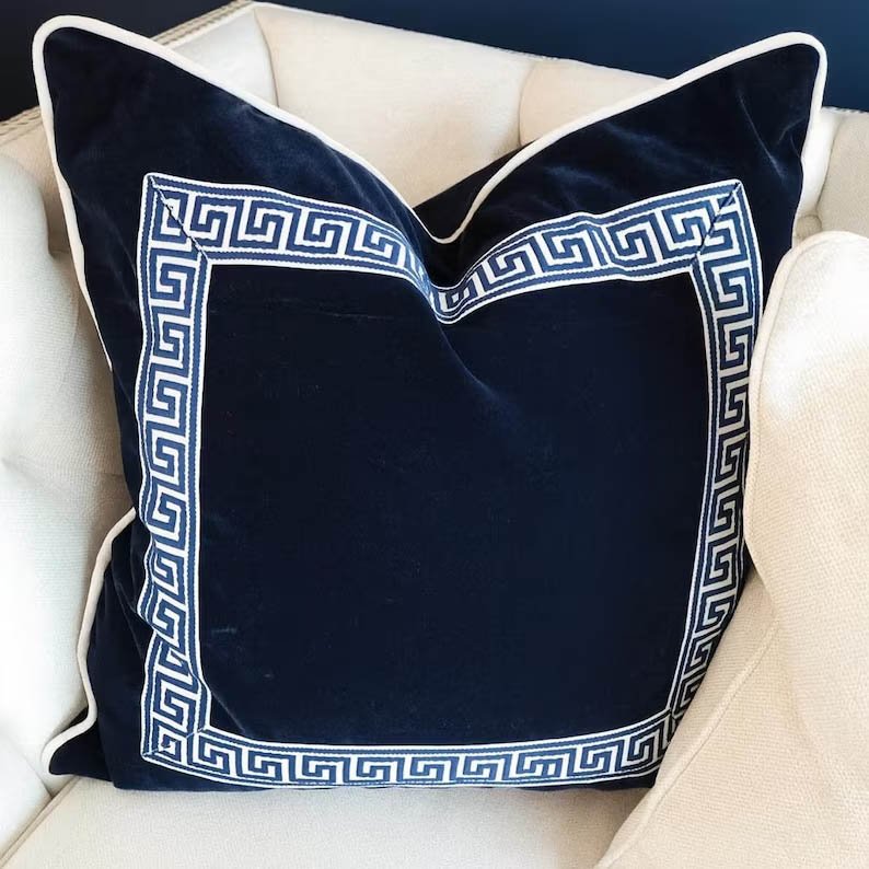 Designer Pillow cover navy Greek Key midnight blue trim tape velvet fretwork lumbar bolster throw Piping decorative chinoiserie USA Made