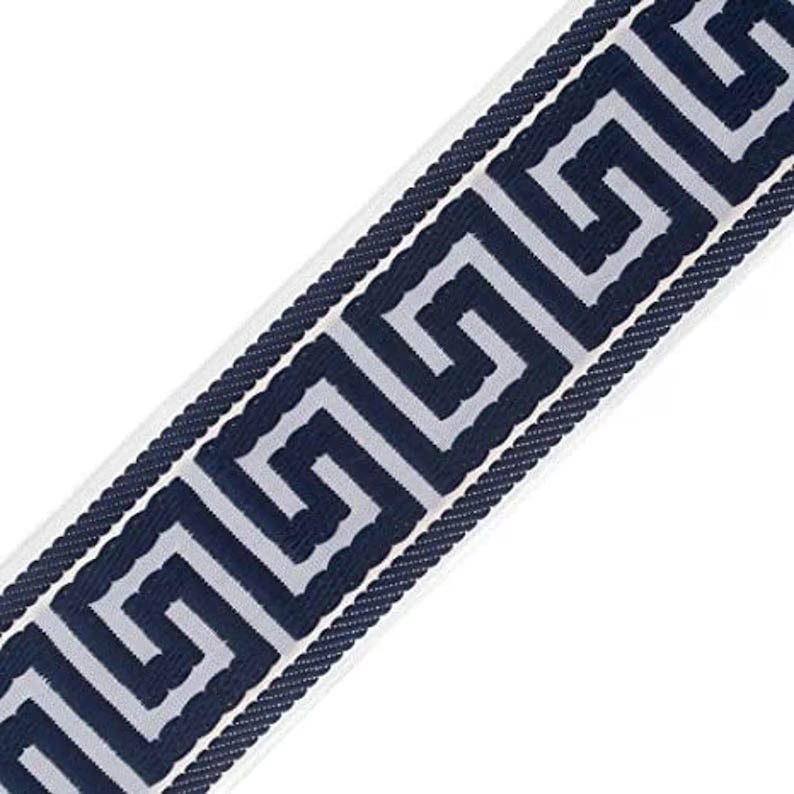 Designer Pillow cover navy Greek Key midnight blue trim tape velvet fretwork lumbar bolster throw Piping decorative chinoiserie USA Made1