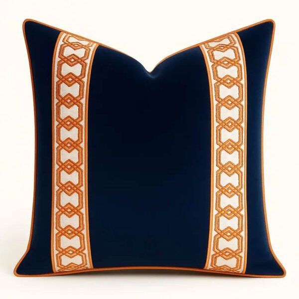 Designer Pillow cover navy blue velvet burnt orange hex trim geometric bolster throw custom Piping high end decorative chinoiserie lumbar