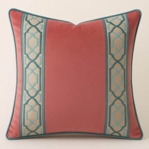 Designer Pillow cover spicy coral velvet teal and aqua fret trim geometric bolster throw turquoise Piping high end decorative chinoiserie