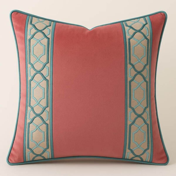 Designer Pillow cover spicy coral velvet teal and aqua fret trim geometric bolster throw turquoise Piping high end decorative chinoiserie Designer Pillow cover spicy coral velvet teal and aqua fret trim geometric bolster throw turquoise Piping high end decorative chinoiserie