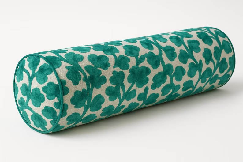 Designer Pillow cover teal peacock couture cut velvet floral bolster throw custom Piping high end decorative chinoiserie lumbar blossom