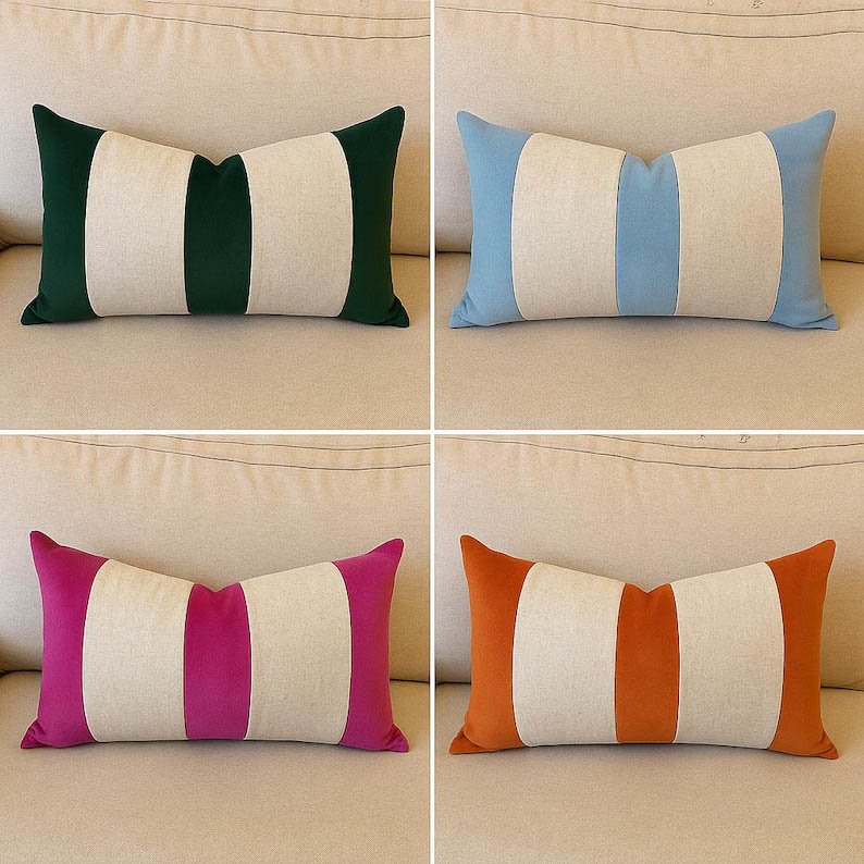 Designer Pillow cover velvet linen flax natural colorblock bolster throw custom color Piping high end decor chinoiserie pink green blue