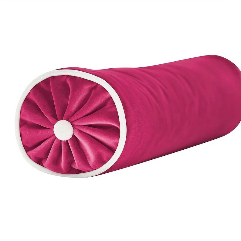 Designer bolster 6 x 24 Fuschia hot Pink with white piping tufted ready to ship, throw pillow custom high end decorative