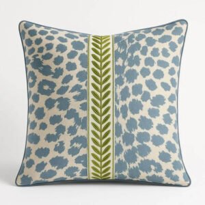French Blue Leopard Pillow Cover – Grandmillennial Decor Velvet Piping Green Laurel Trim Coastal Chinoiserie Style Throw