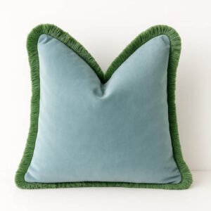 Fringe Velvet Pillow Cover – Light Blue with Sage Green Trim Lumbar or Bolster Cover Chinoiserie Decor High-End Decorative Throw