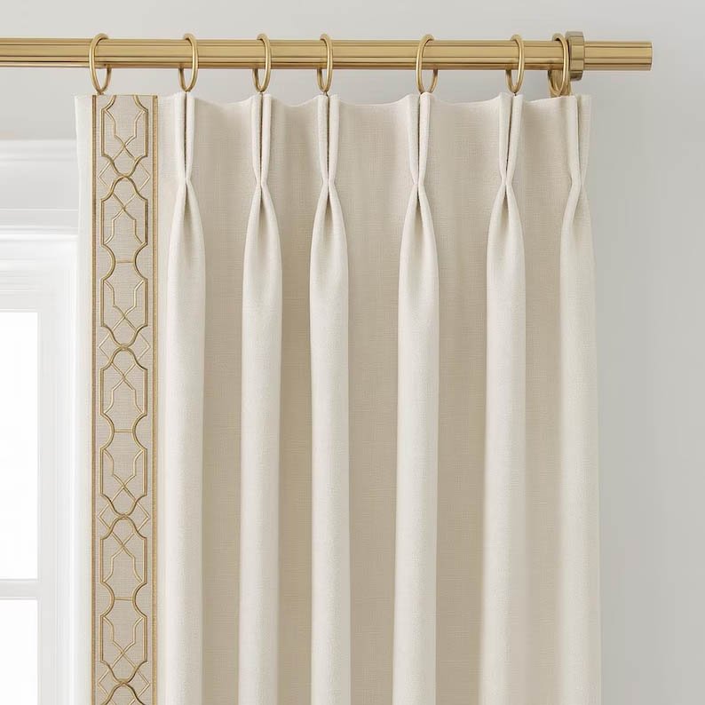 Linen Pinch Pleat drapes trim tape many fabric colors curtains French pleated fretwork cream beige trimming lining blackout privacy available