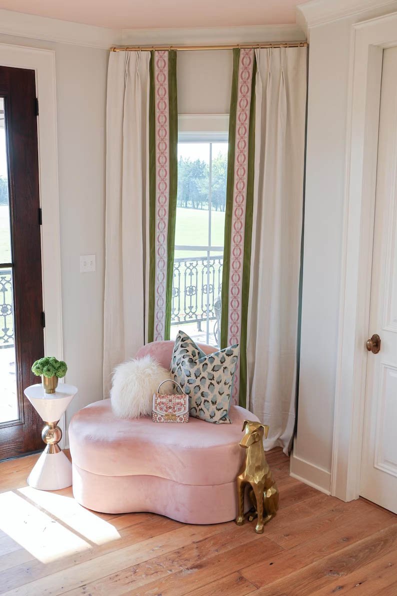 Linen Pinch Pleat drapes with trim tape many fabric colors curtains French pleated floral light blue trimming lining blackout privacy available1