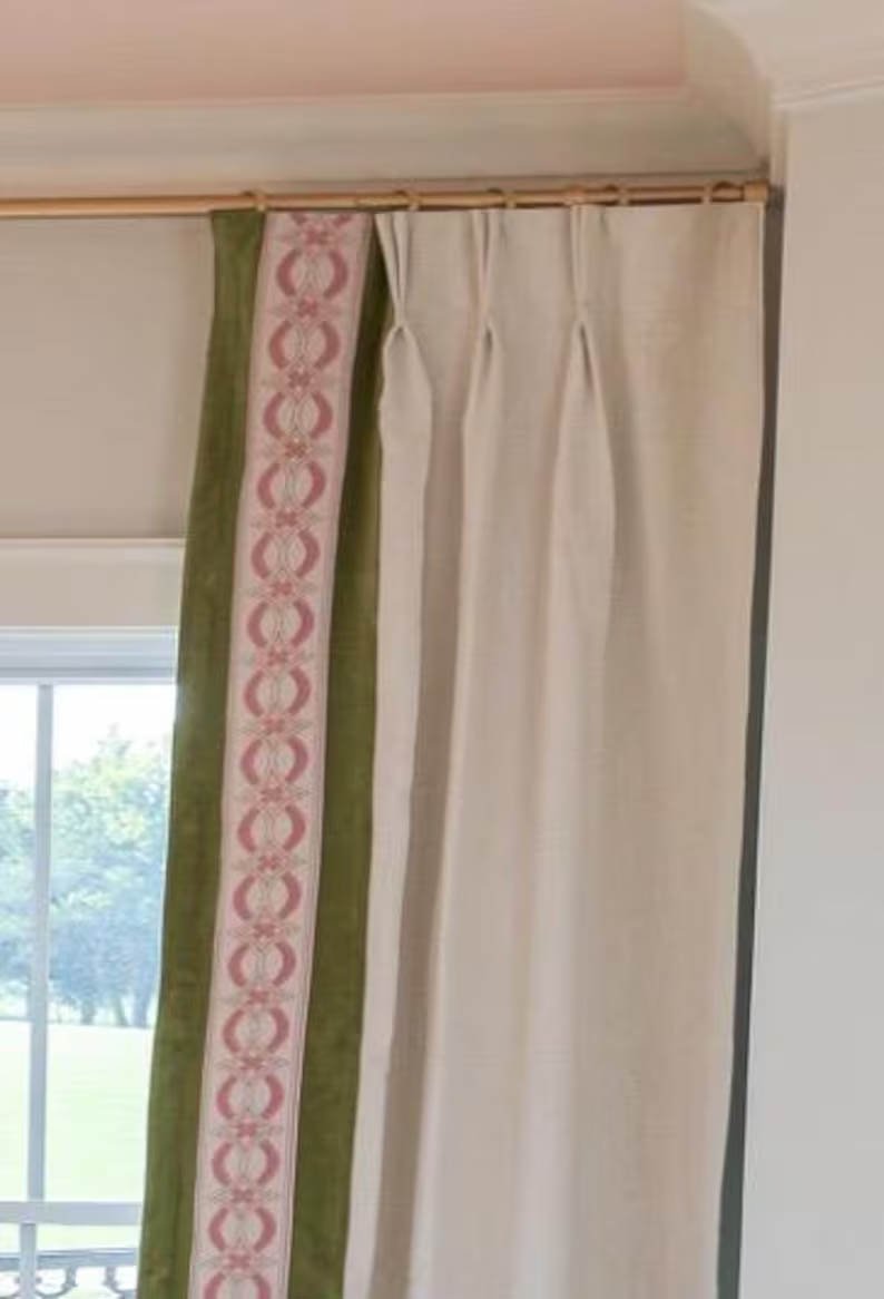 Linen Pinch Pleat drapes with trim tape many fabric colors curtains French pleated floral light blue trimming lining blackout privacy available7