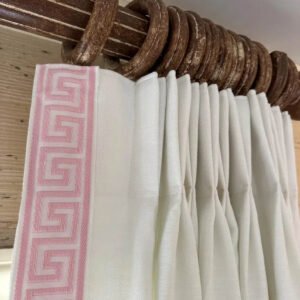 Linen Pinch Pleat drapes with trim tape many fabric colors curtains French pleated fretwork Greek Key trimming lining blackout privacy available