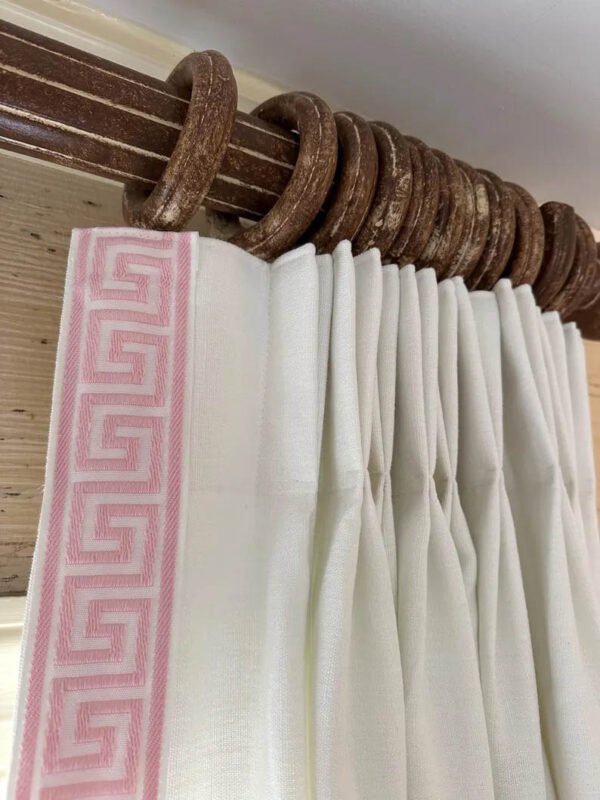 Linen Pinch Pleat drapes with trim tape many fabric colors curtains French pleated fretwork Greek Key trimming lining blackout privacy available