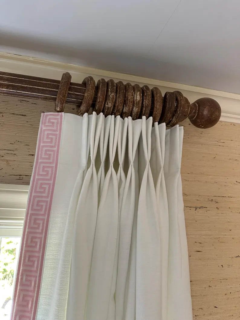 Linen Pinch Pleat drapes with trim tape many fabric colors curtains French pleated fretwork Greek Key trimming lining blackout privacy available1