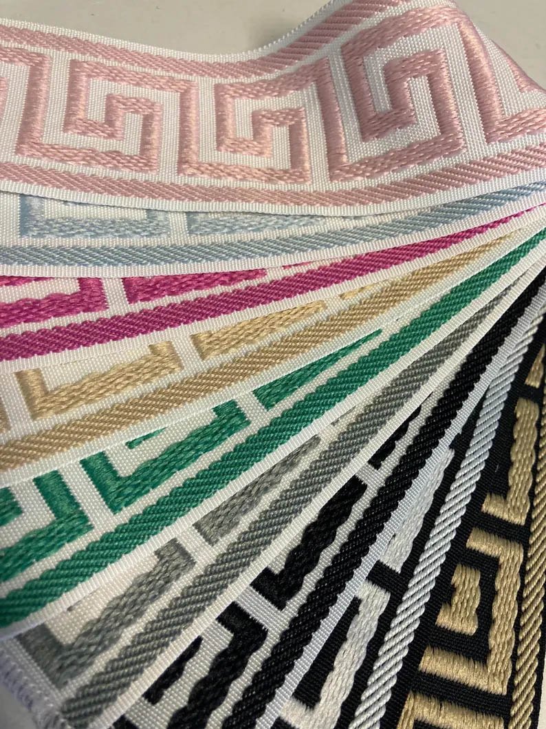 Linen Pinch Pleat drapes with trim tape many fabric colors curtains French pleated fretwork Greek Key trimming lining blackout privacy available3