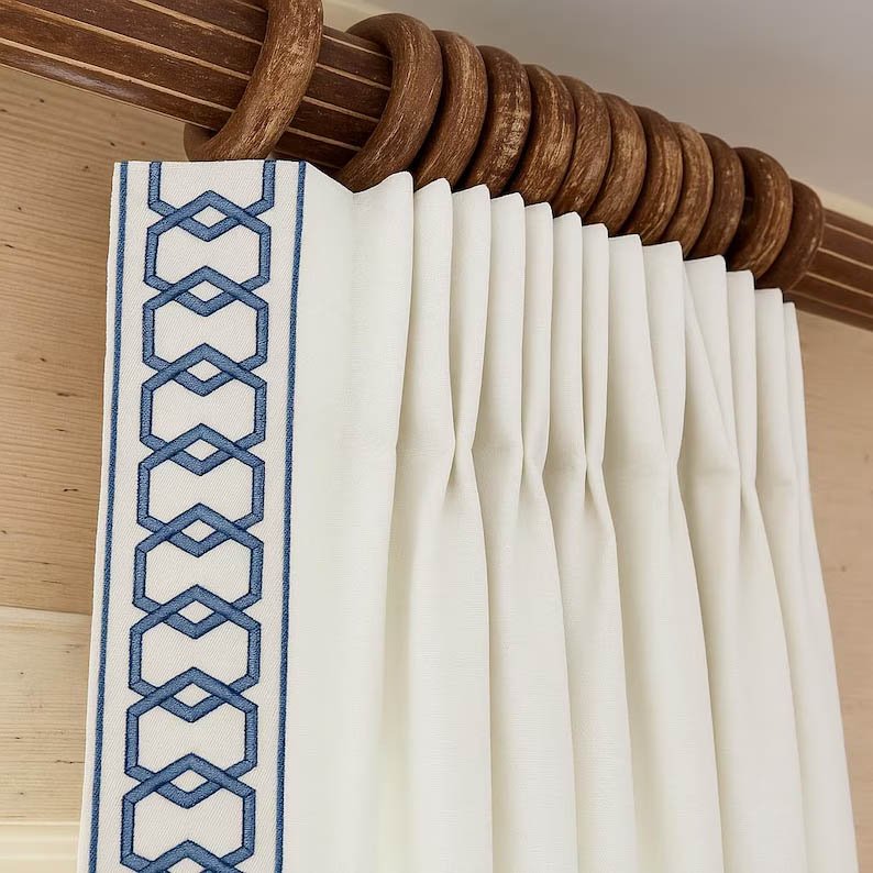 Linen Pinch Pleat drapes with trim tape many fabric colors curtains French pleated fretwork Hex fret trimming lining blackout privacy available