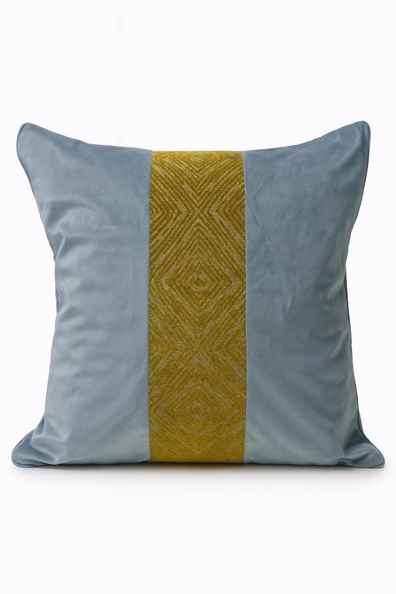 Designer Pillow cover light blue velvet citrine trim tape colorblock bolster throw custom Piping high end decorative chinoiserie