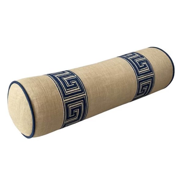 Bolster Pillow Cover flax natural blue piping performance Linen Greek Key trim tape round throw Piping high end decorative bed