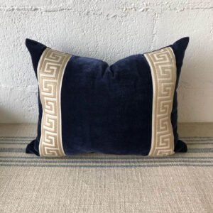 Designer Pillow cover Beige Greek Key navy blue trim tape velvet fretwork lumbar bolster throw custom Piping high end decorative chinoiserie
