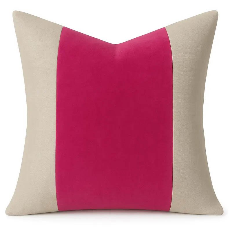 Designer Pillow cover Fushia pink velvet linen flax natural colorblock bolster throw custom Piping high end decorative chinoiserie