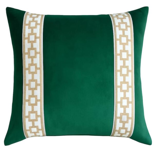 Designer Pillow cover emerald green velvet beige Caroline trim tape fretwork lumbar bolster throw Piping decorative chinoiserie high end