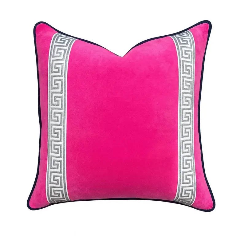 Designer Pillow cover grey Greek Key trim tape hot pink velvet fretwork lumbar bolster throw custom Piping high end decorative chinoiserie