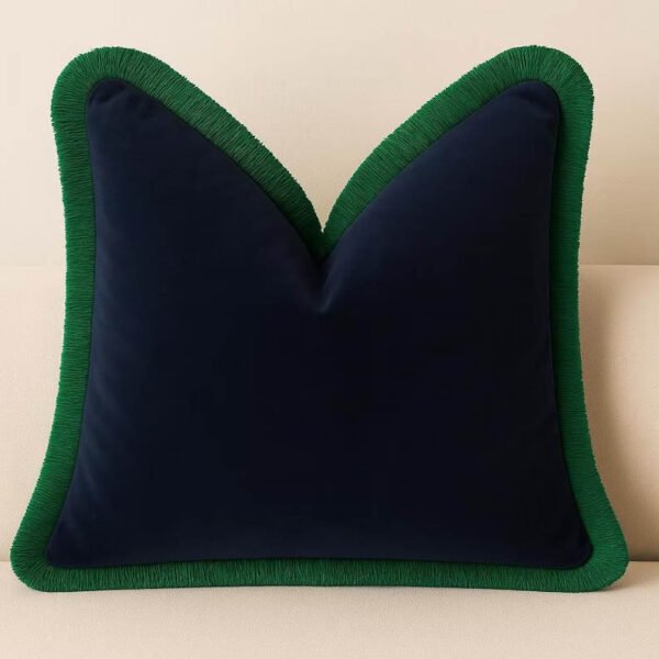 Designer Pillow cover navy blue velvet Kelly green fringe trim bolster throw custom Piping high end decorative chinoiserie lumbar